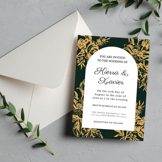 Emerald and Gold Floral Wedding Invitation and RSVP Cards Template