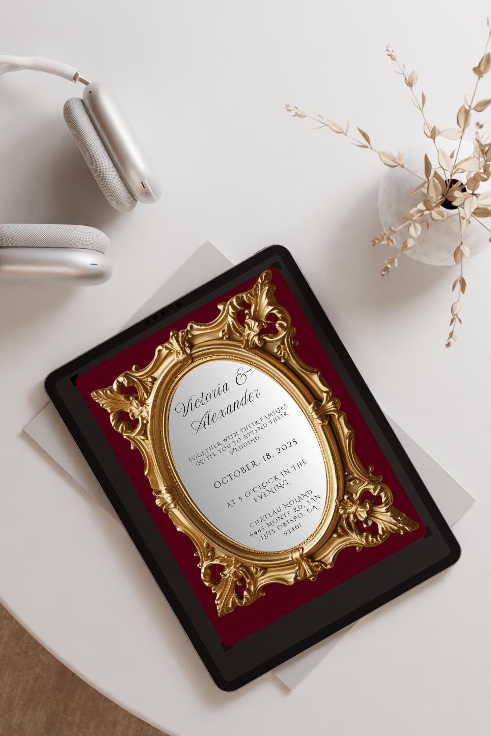 Ornate Gold Mirror Wedding Invitation Template | Editable Canva Design | Glamorous & Unique Printable Invite