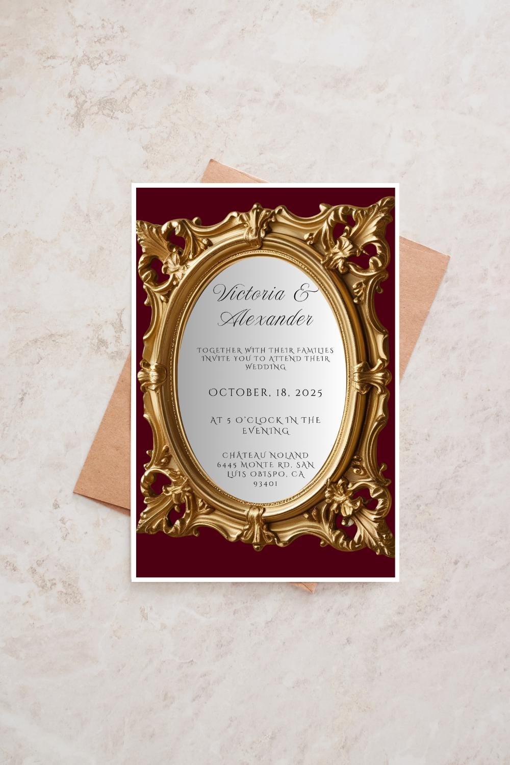 Ornate Gold Mirror Wedding Invitation Template | Editable Canva Design | Glamorous & Unique Printable Invite