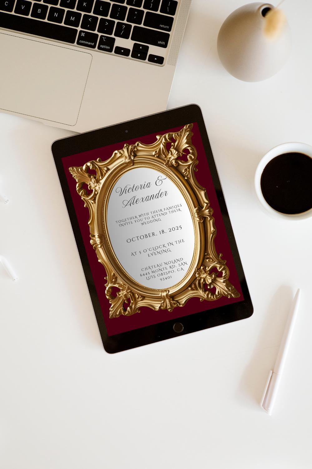Ornate Gold Mirror Wedding Invitation Template | Editable Canva Design | Glamorous & Unique Printable Invite