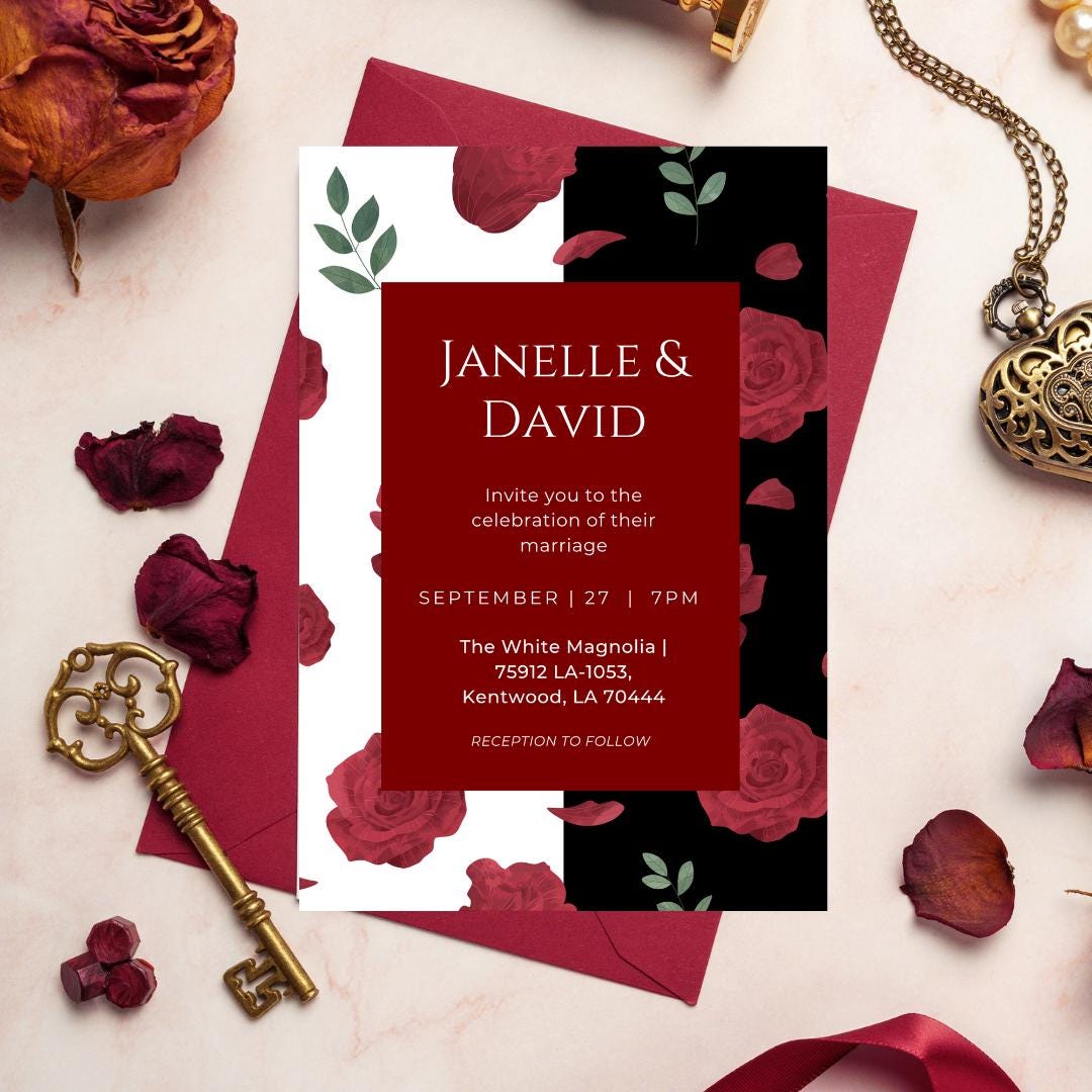 Elegant Red Rose Wedding Invitation Template | Black & White Floral | Editable Canva Wedding Invite | Modern Romantic Printable