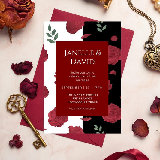 Elegant Red Rose Wedding Invitation Template | Black & White Floral | Editable Canva Wedding Invite | Modern Romantic Printable