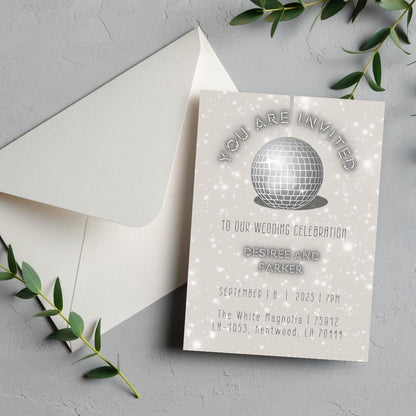 Disco Ball Wedding Celebration Invite | Retro Silver Canva Template