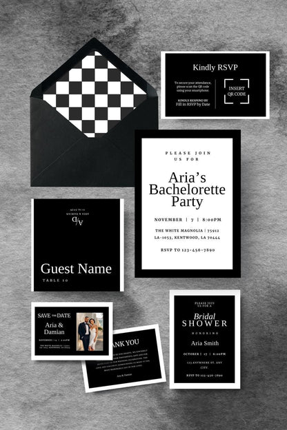 Classic Black & White Wedding Invitation Suite + Bridal Style Guide | Editable Canva Templates