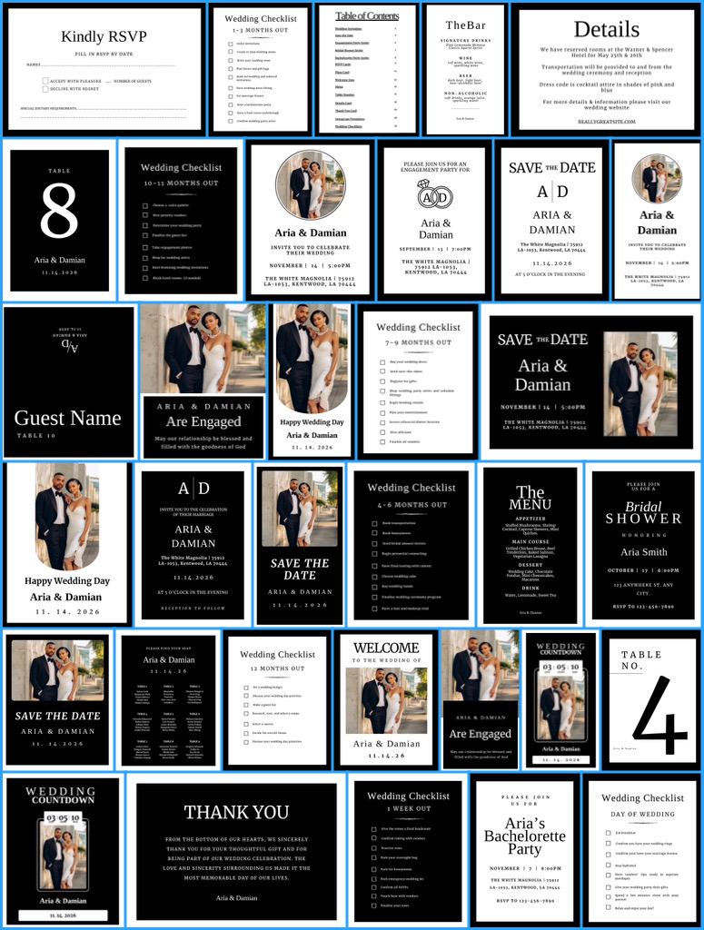 Classic Black & White Wedding Invitation Suite + Bridal Style Guide | Editable Canva Templates
