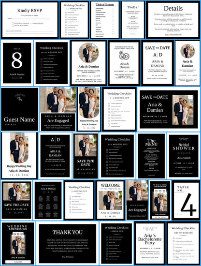 Classic Black & White Wedding Invitation Suite + Bridal Style Guide | Editable Canva Templates