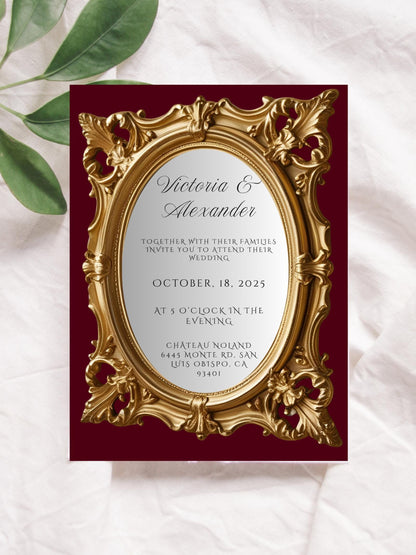 Ornate Gold Mirror Wedding Invitation Template | Editable Canva Design | Glamorous & Unique Printable Invite
