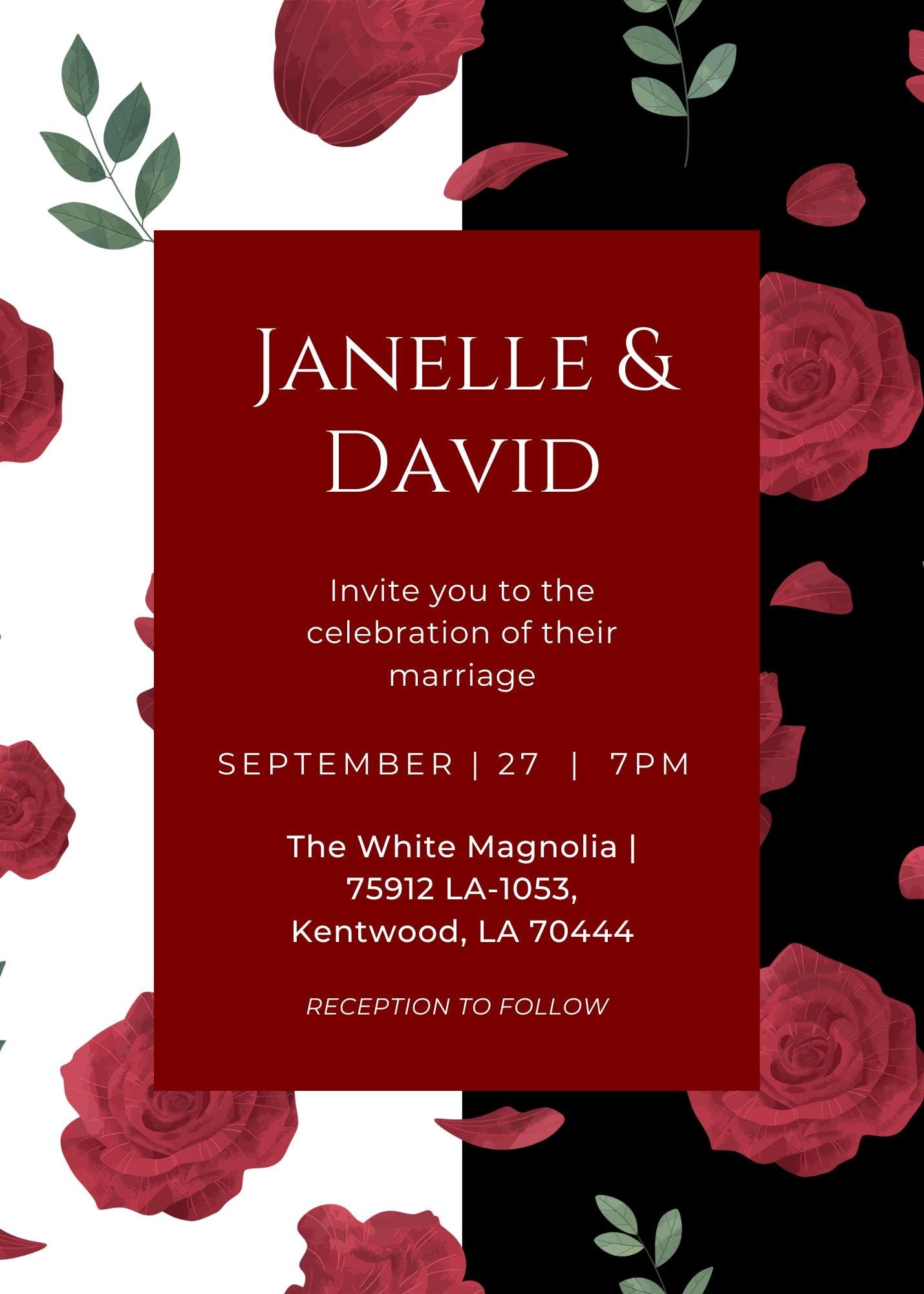 Elegant Red Rose Wedding Invitation Template | Black & White Floral | Editable Canva Wedding Invite | Modern Romantic Printable