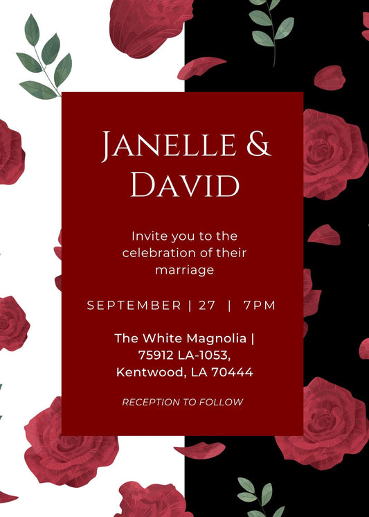 Elegant Red Rose Wedding Invitation Template | Black & White Floral | Editable Canva Wedding Invite | Modern Romantic Printable