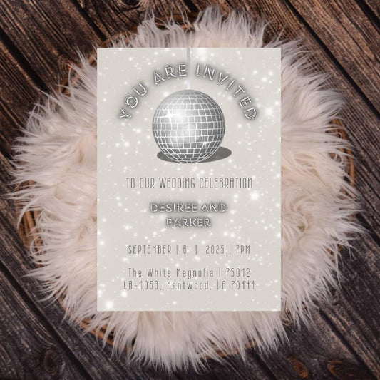 Disco Ball Wedding Celebration Invite | Retro Silver Canva Template