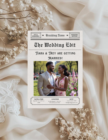 Newspaper Wedding Invitation Template | Canva Vintage Editorial Design