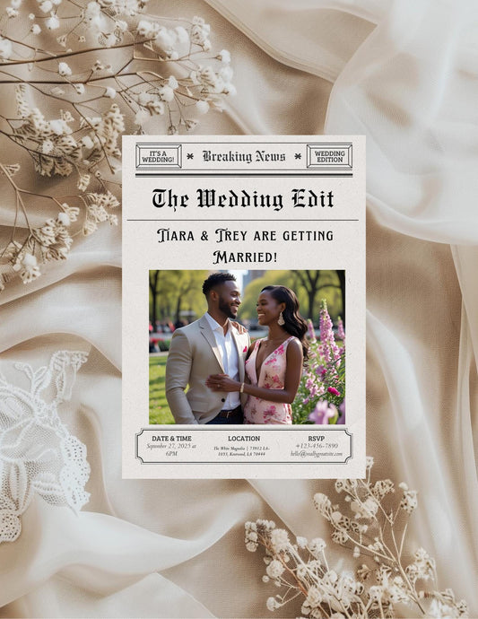Newspaper Wedding Invitation Template | Canva Vintage Editorial Design