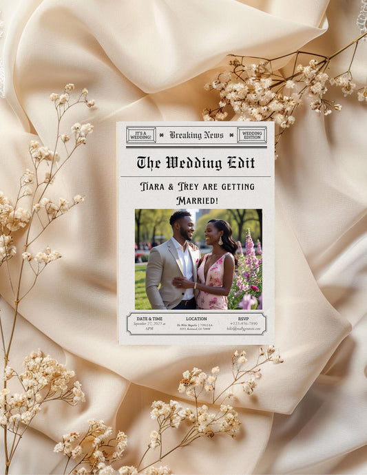 Newspaper Wedding Invitation Template | Canva Vintage Editorial Design
