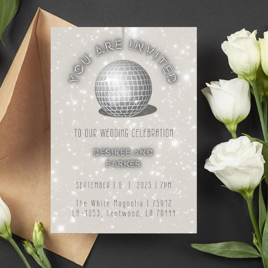 Disco Ball Wedding Celebration Invite | Retro Silver Canva Template
