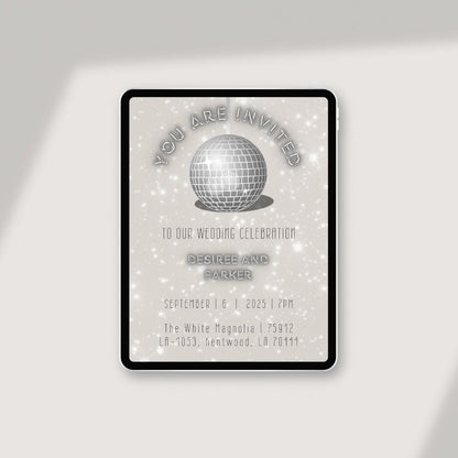 Disco Ball Wedding Celebration Invite | Retro Silver Canva Template